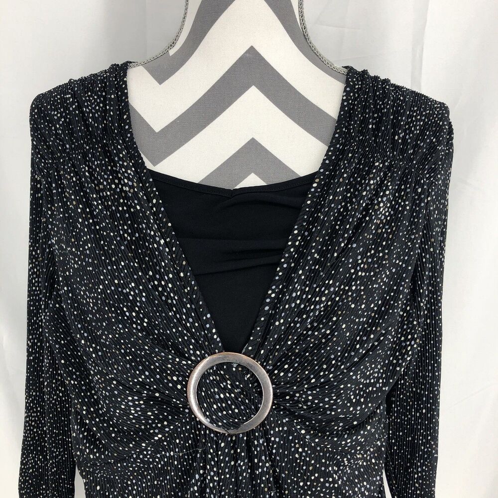 Covington Petite Black White Dot Crinkle Texture Ring Buckle Layer Blouse Large
